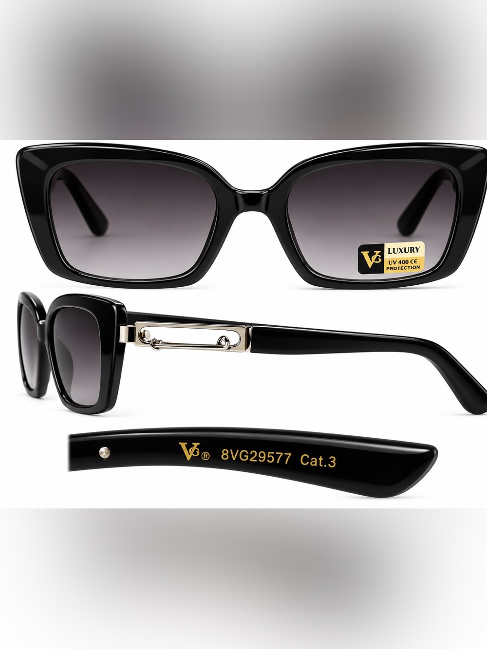 Branded Women's Black Square Sunglasses with Gold Accent (No Case)